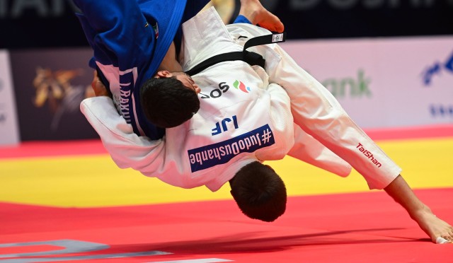 Russians Matvey Kanikovskiy and Niiaz Bilalov, competing as neutral athletes, contested the final of the men's under-100kg category ©IJF