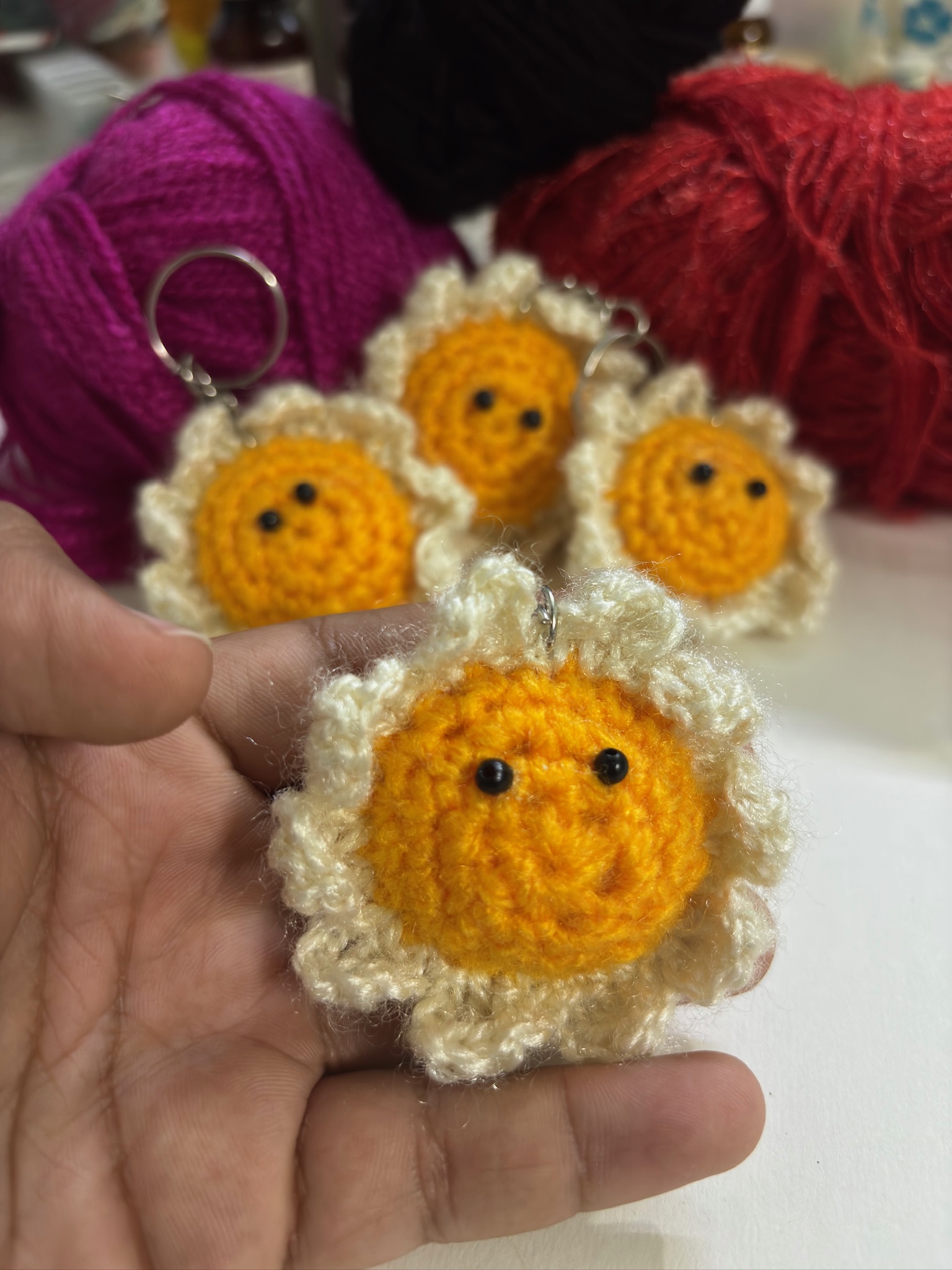 Handmade Crochet Sunflower Keychain with Eyes – Cute Floral Keyring