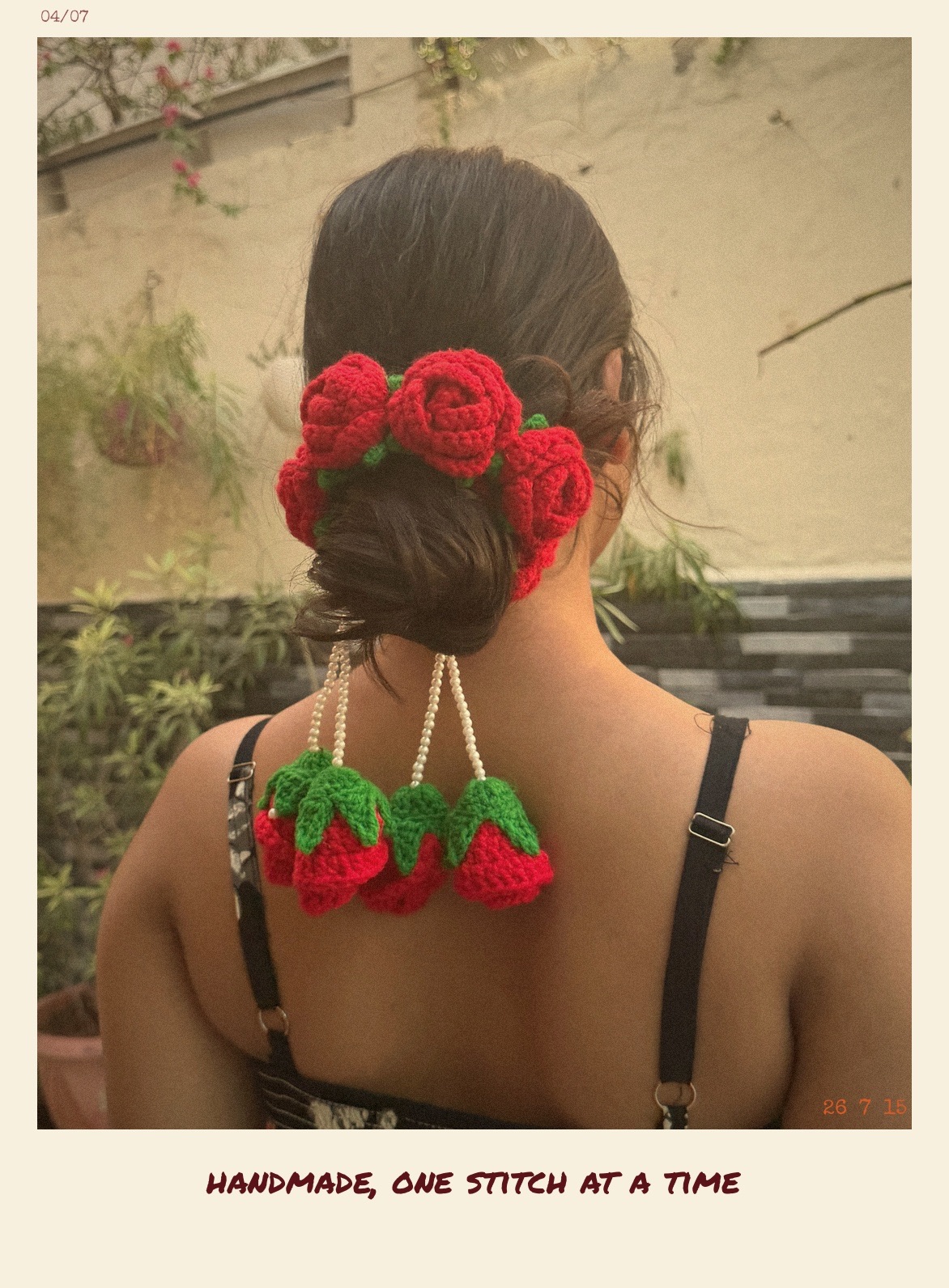 Crochet Juda Hair Accessory – Handmade Rose Bun Hair Tie with Hanging Flowers