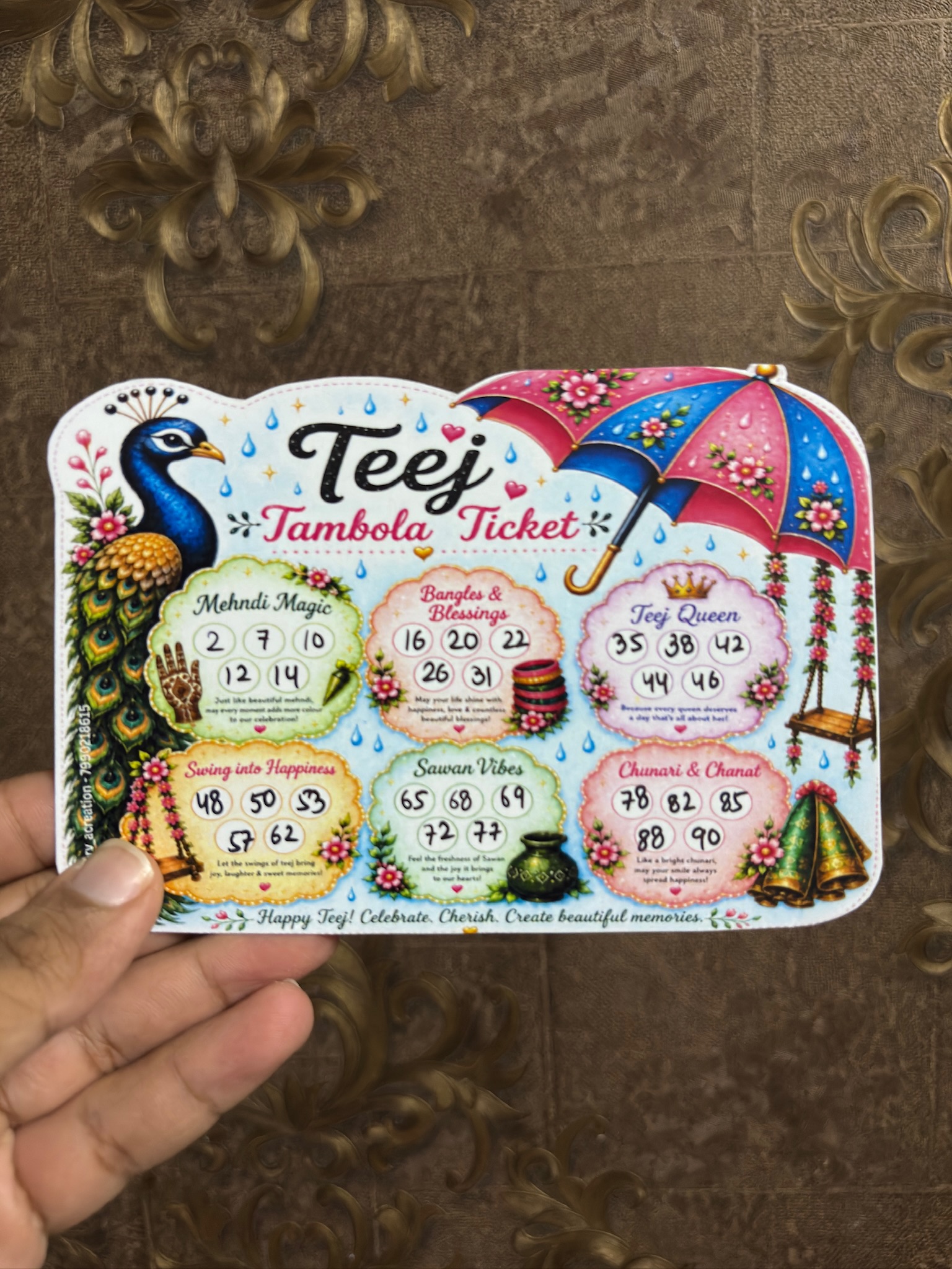Teej Theme Tambola Tickets DC010| Teej Housie Bingo Game Cards | Festive Party Game for Women, Family & Teej Celebrations