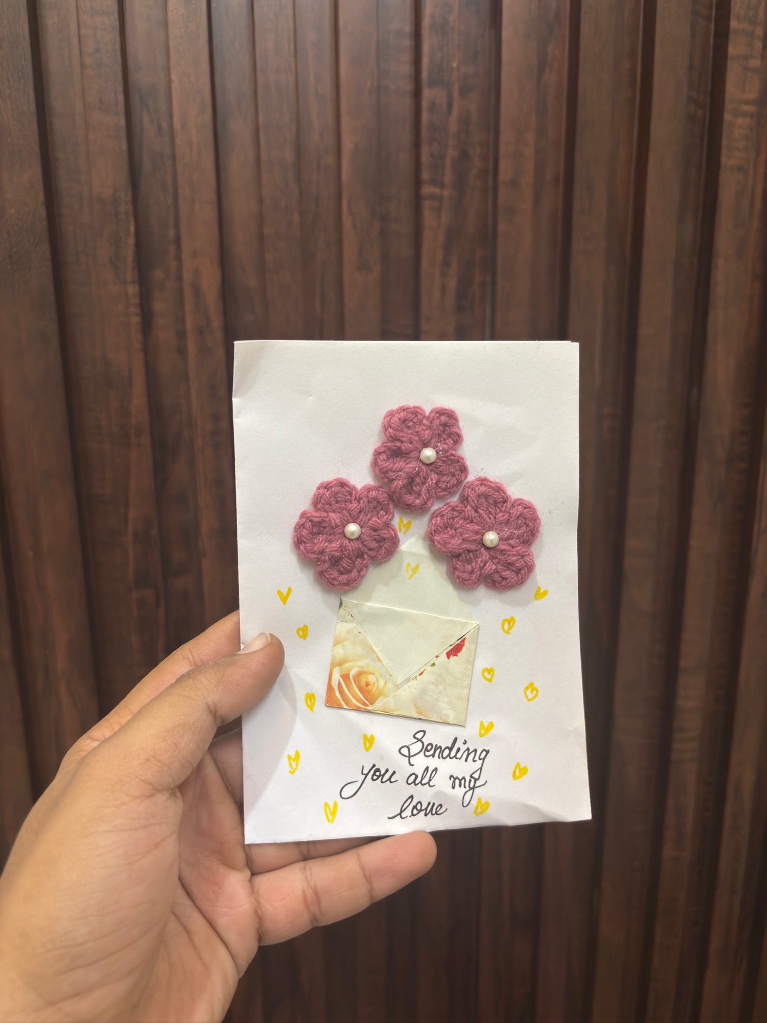 Handmade Crochet Flower Greeting Card – Sending You All My Love Floral Card