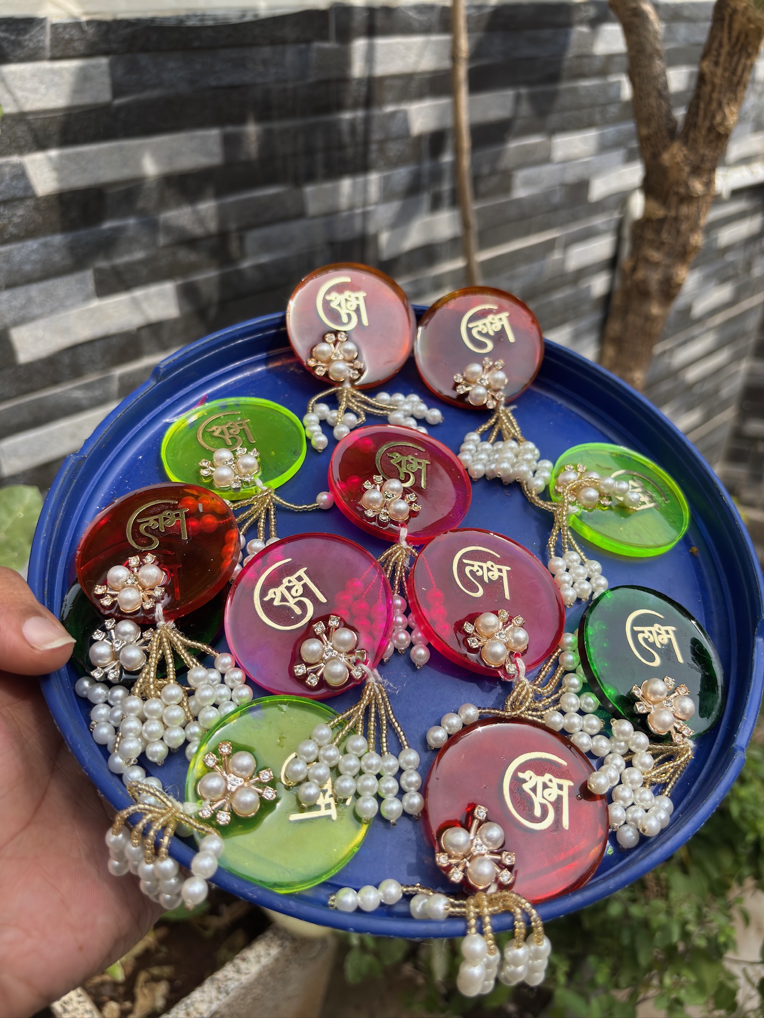 Shubh Labh Sticky Door Decor Set – Multicolour Round Acrylic Stickers with Pearl & Golden Embellishments | Durva Creation
