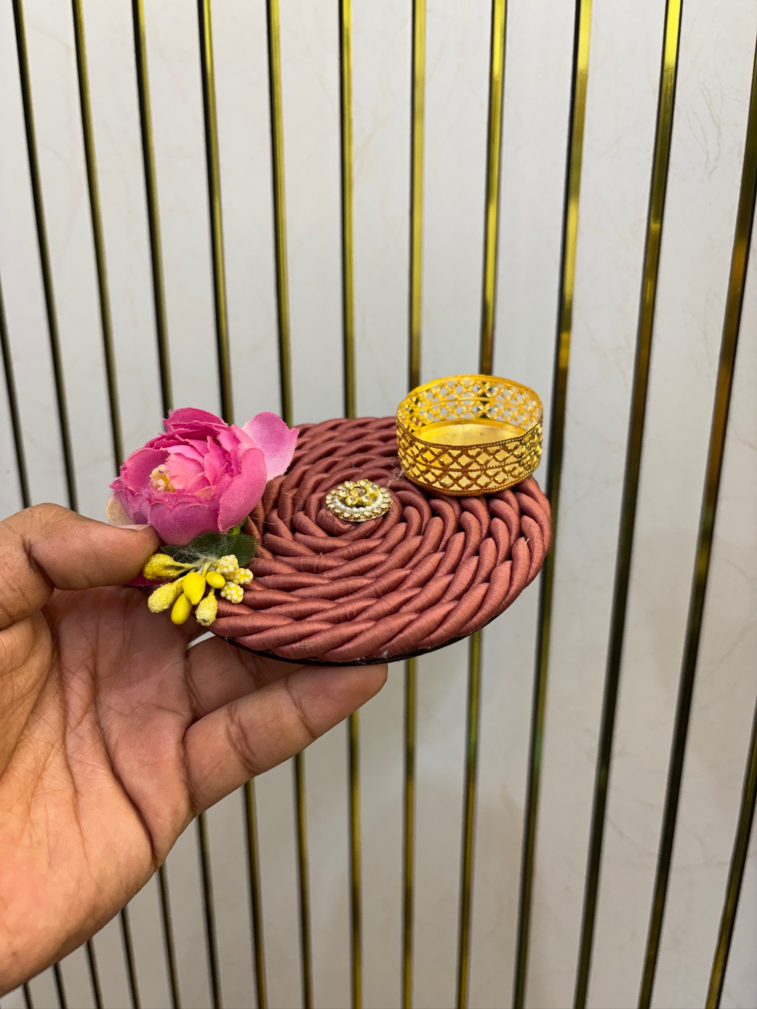 Handmade Woven Tealight Candle Holder – Dusty Rose Floral Decor with Golden Metal Cup | Durva Creation