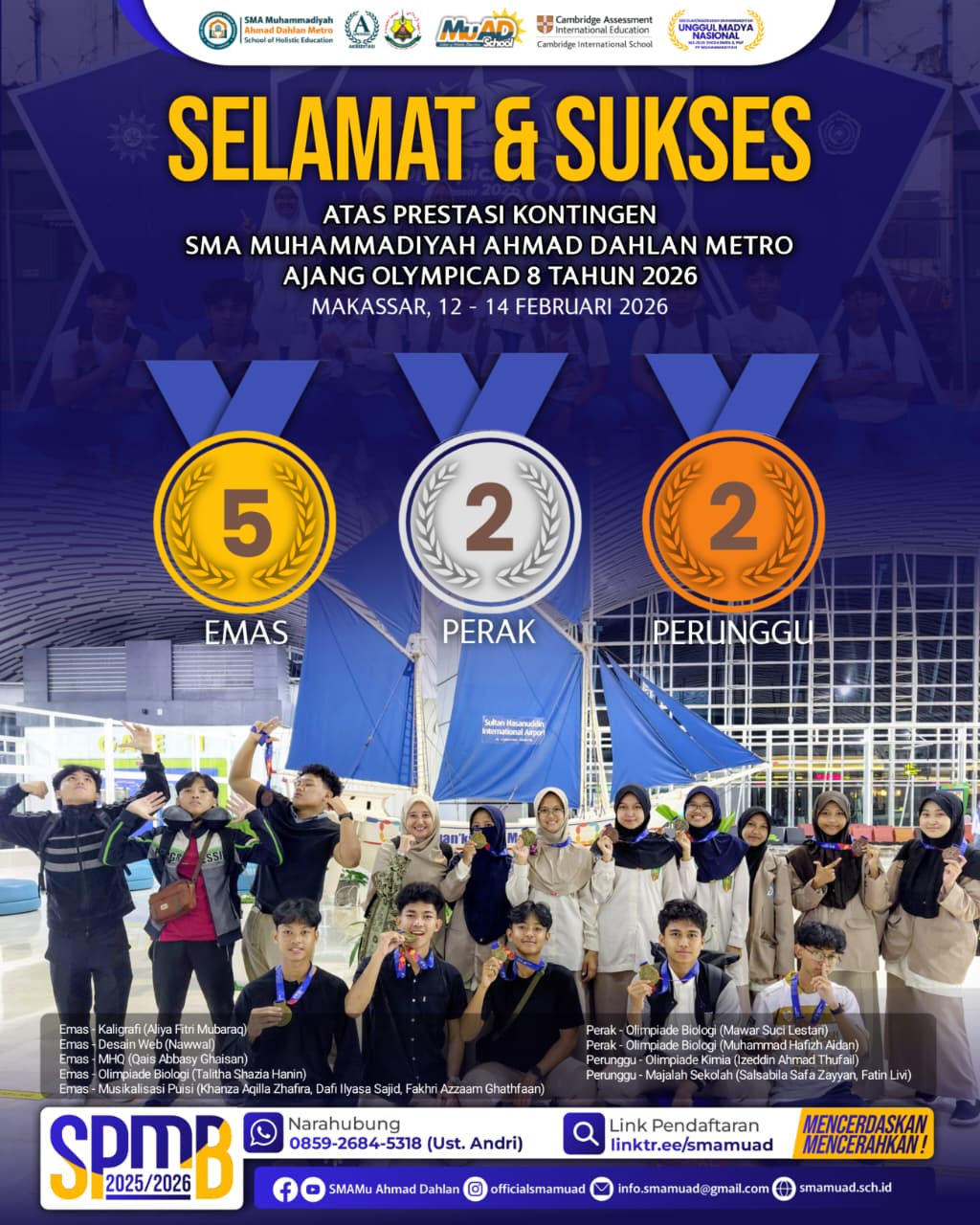 SMA Muhammadiyah ahmad dahlan meraih 5 mendali Emas dalam ajang OLYMPICAD 8 Makassar 2026