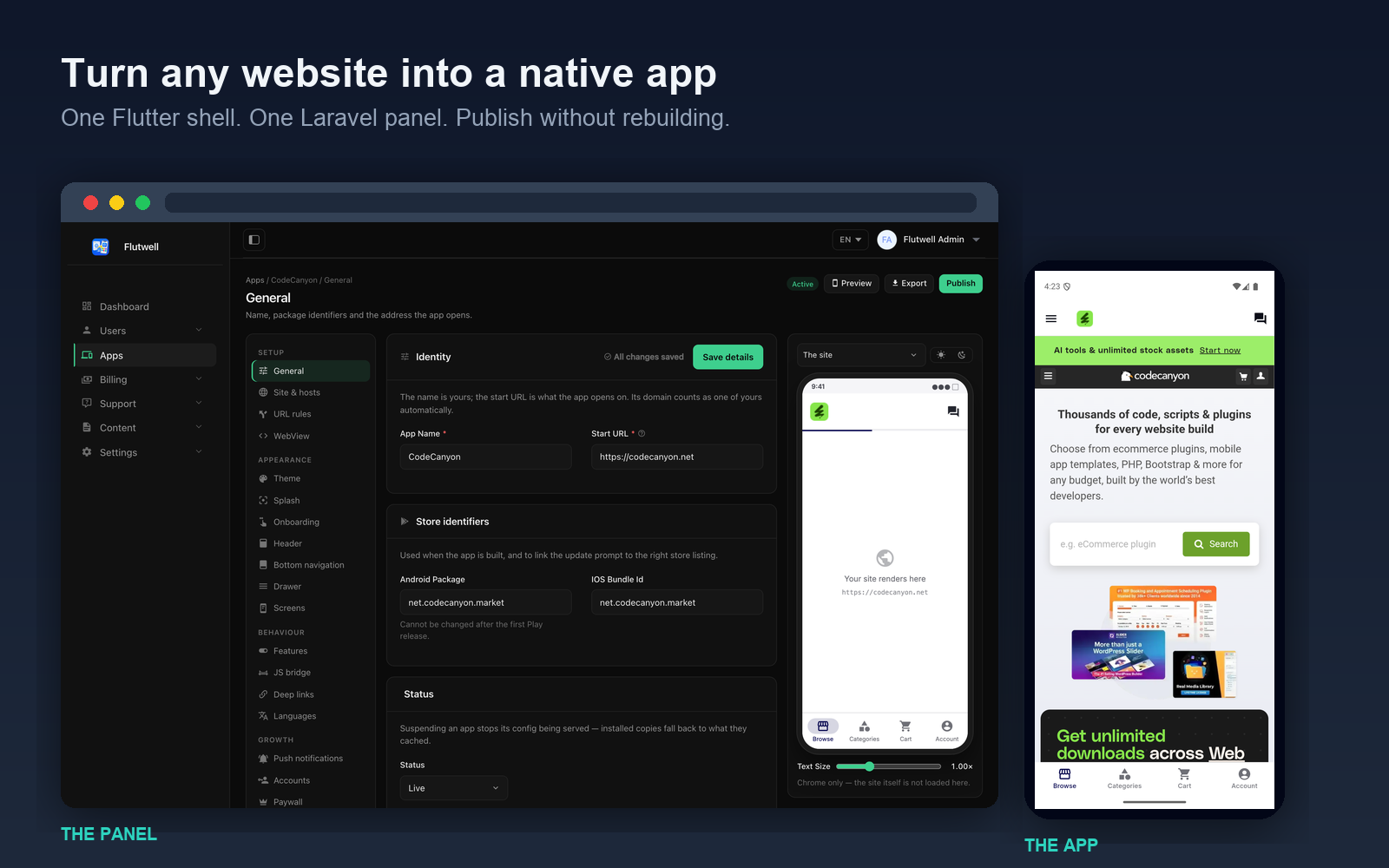 Flutwell WebToApp - admin panel and app