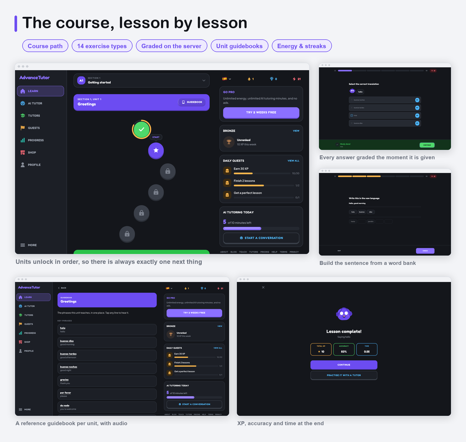 AdvanceTutor Web - the course path, 14 exercise types and unit guidebooks