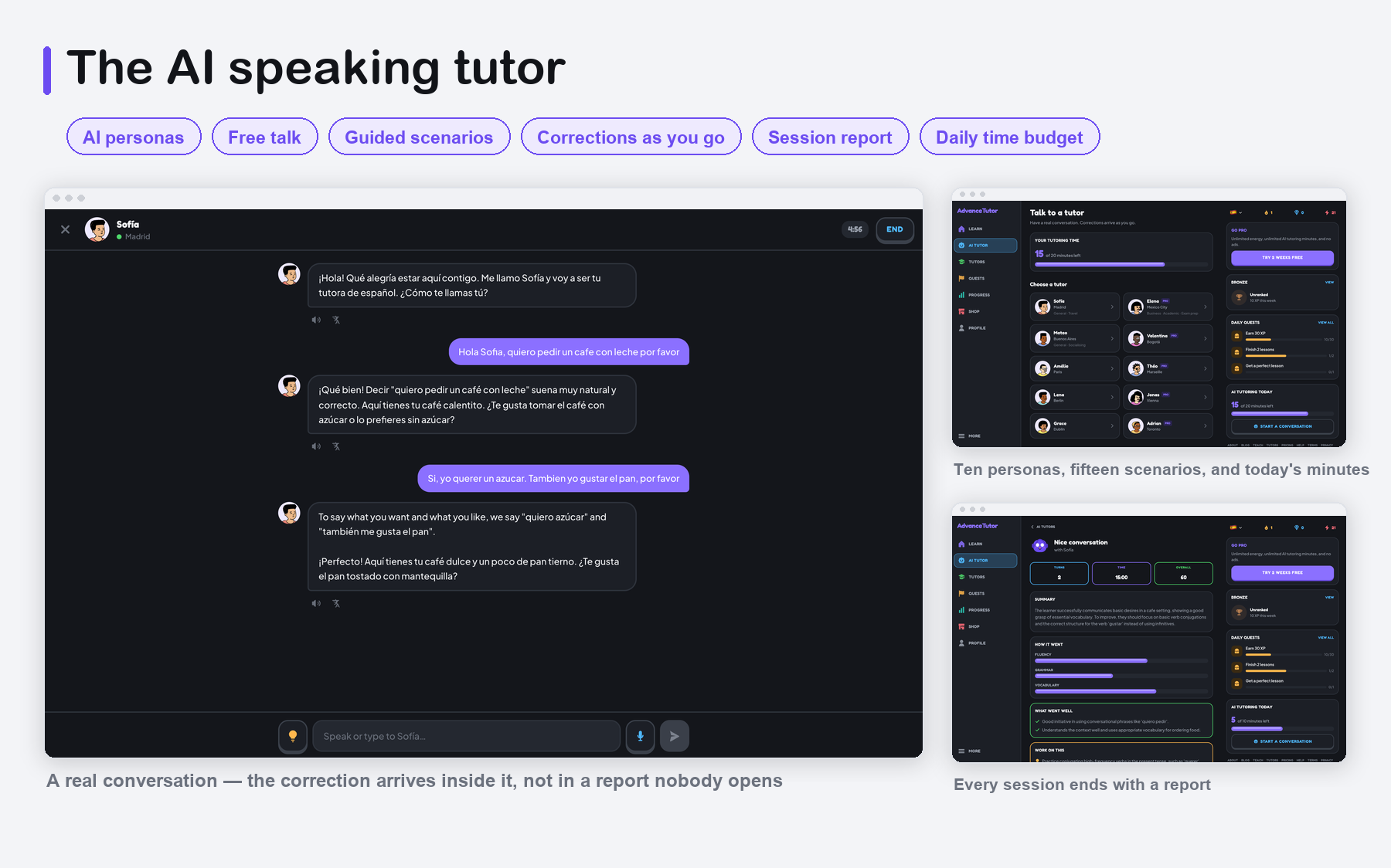 AdvanceTutor Web - the AI speaking tutor, corrections and session reports