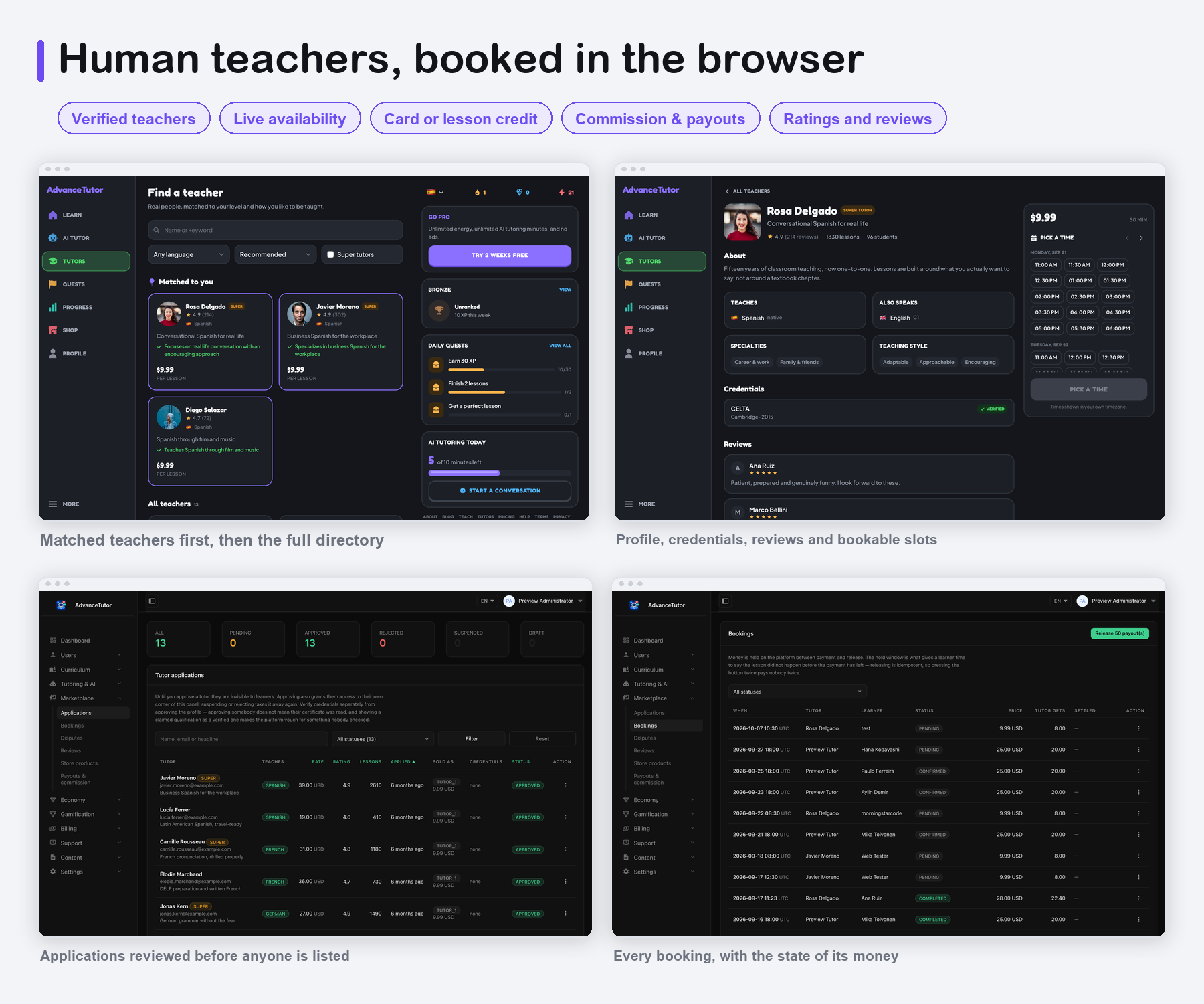 AdvanceTutor Web - human tutor marketplace, availability and bookings