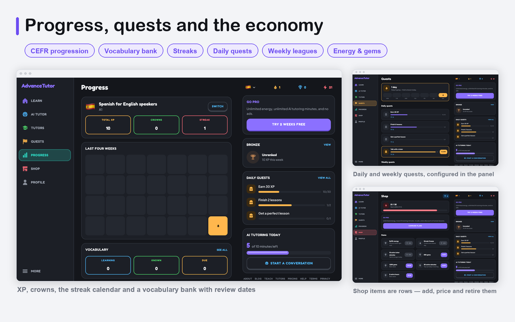 AdvanceTutor Web - progress, quests, leagues and the gem economy