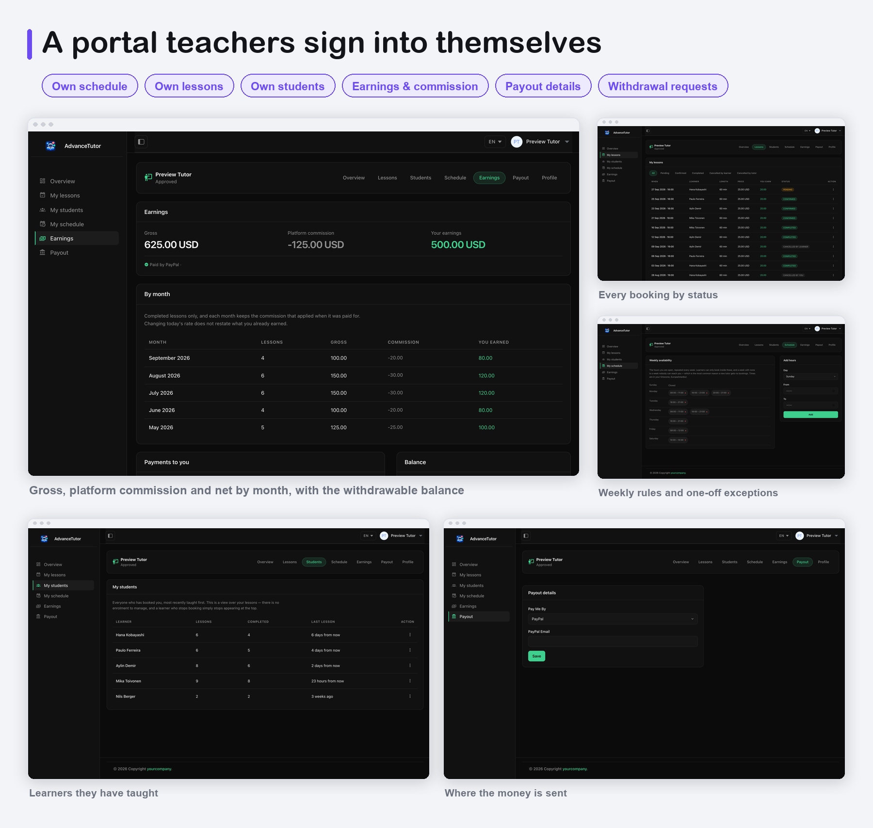 AdvanceTutor Web - the tutor portal: schedule, lessons, earnings and payouts