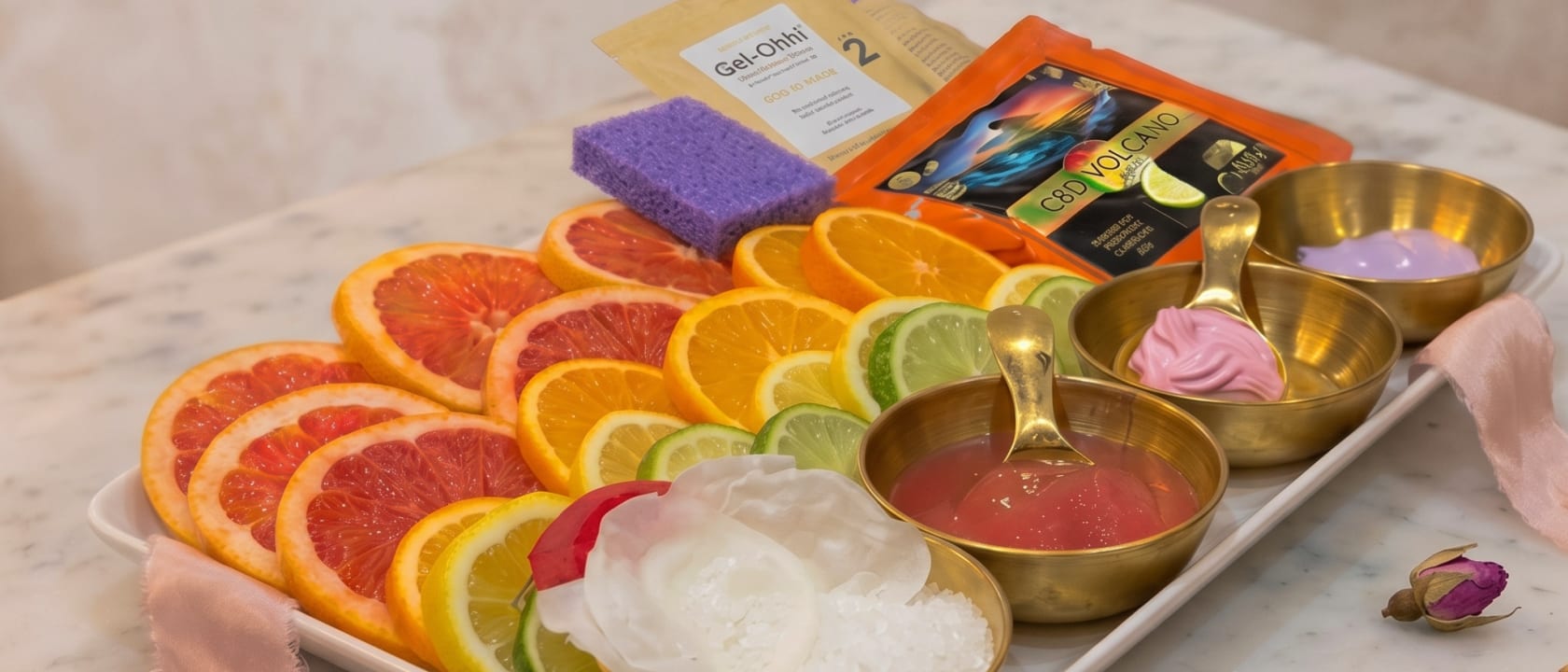 A marble tray of rainbow citrus, sugar scrubs and gold bowls laid out for the Tropical Deluxe pedicure