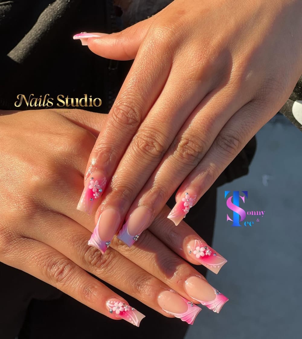 pink and nude french, 3D and nail art nails, coffin shape — nail salon in Calhoun, GA — Sonny & Tee
