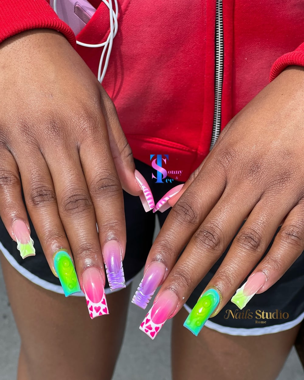 green and pink nail art and ombré nails, coffin shape — nail salon in Calhoun, GA — Sonny & Tee