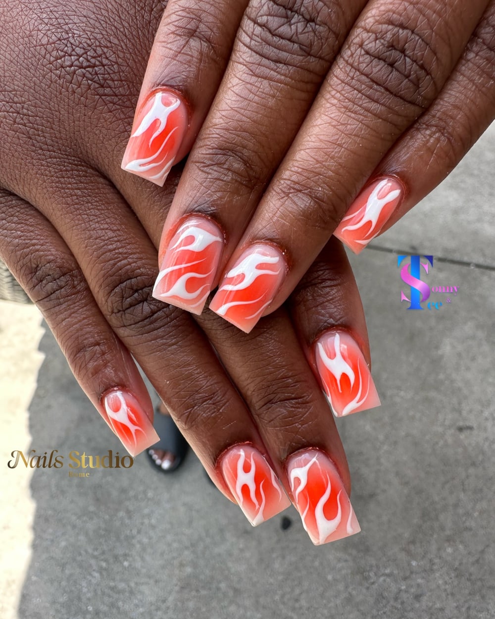 white and red nail art nails, square shape — nail salon in Calhoun, GA — Sonny & Tee