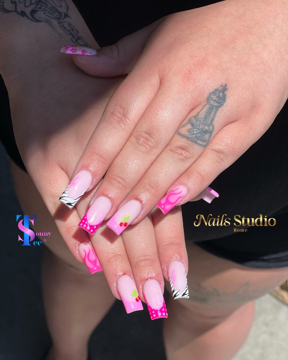 pink and white nail art and french nails, square shape — nail salon in Calhoun, GA — Sonny & Tee