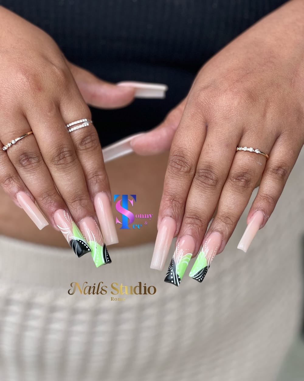 nude and green french and nail art nails, coffin shape — nail salon in Calhoun, GA — Sonny & Tee