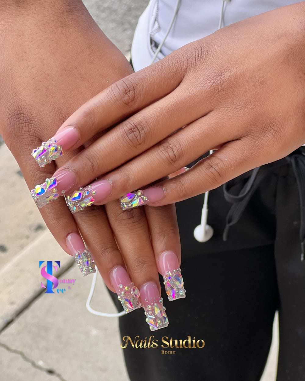 pink and nude glitter, 3D and nail art nails, square shape — nail salon in Calhoun, GA — Sonny & Tee