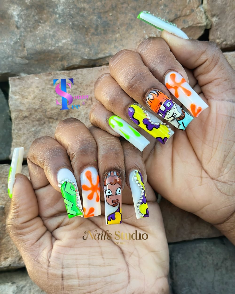 white and green nail art nails, coffin shape — nail salon in Calhoun, GA — Sonny & Tee