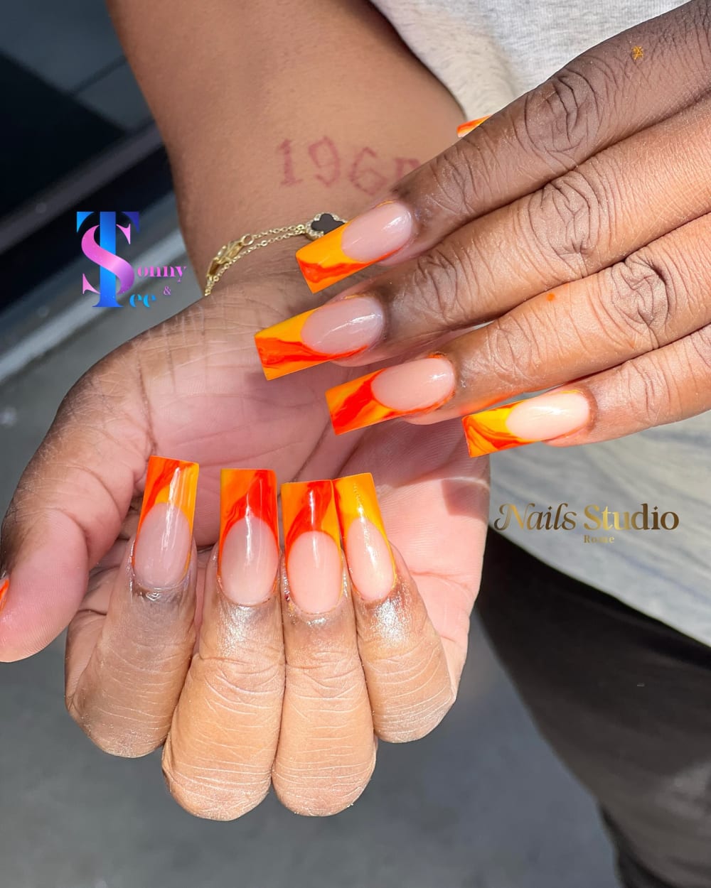 nude and gold french and nail art nails, coffin shape — nail salon in Calhoun, GA — Sonny & Tee