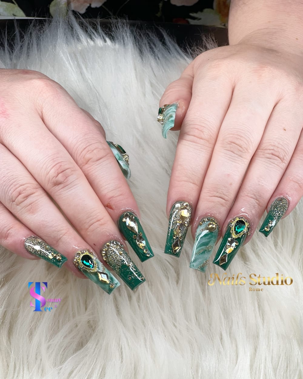 green and gold nail art and 3D nails, coffin shape — nail salon in Calhoun, GA — Sonny & Tee