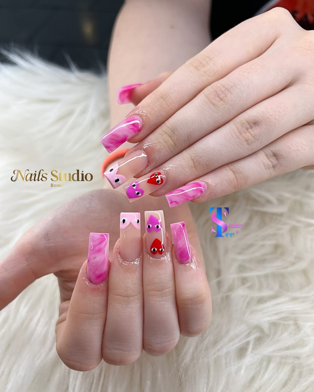 pink and red nail art nails, square shape — nail salon in Calhoun, GA — Sonny & Tee