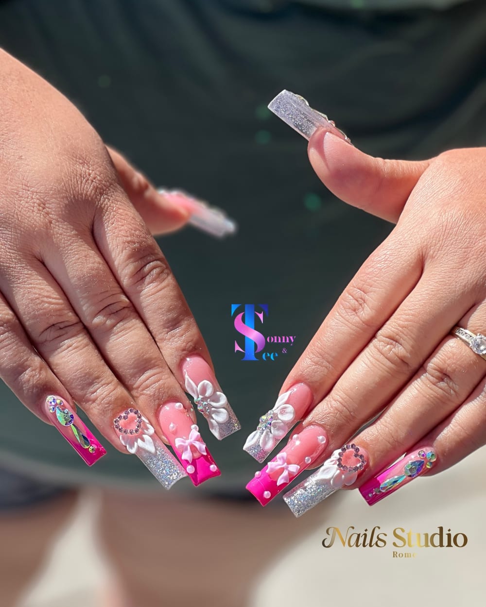pink and white french, 3D and glitter nails, coffin shape — nail salon in Calhoun, GA — Sonny & Tee