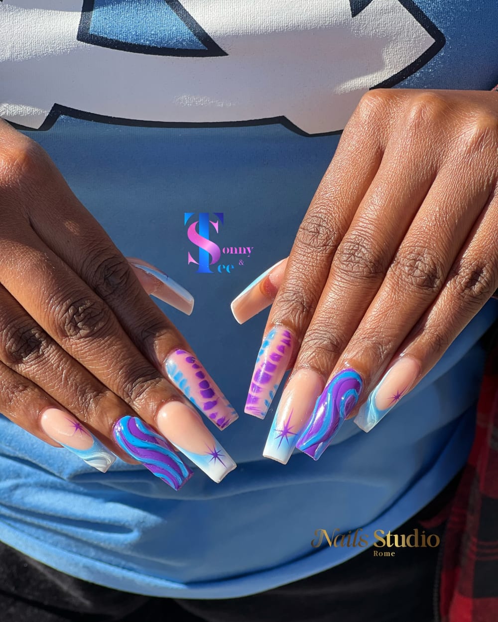 blue and pink nail art nails, coffin shape — nail salon in Calhoun, GA — Sonny & Tee
