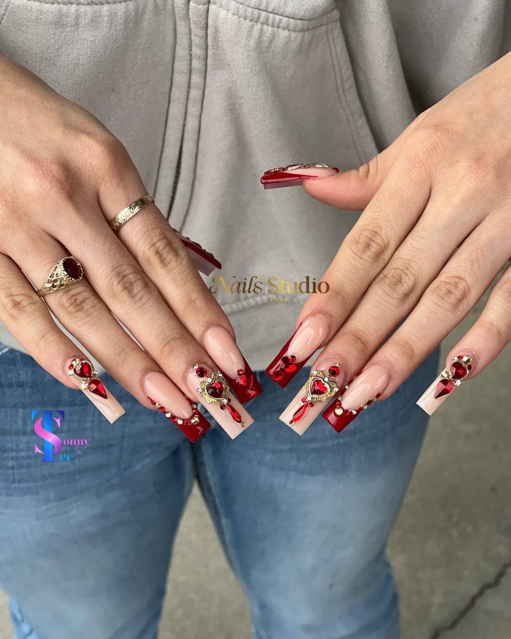 red and nude french, 3D and nail art nails, coffin shape — nail salon in Calhoun, GA — Sonny & Tee