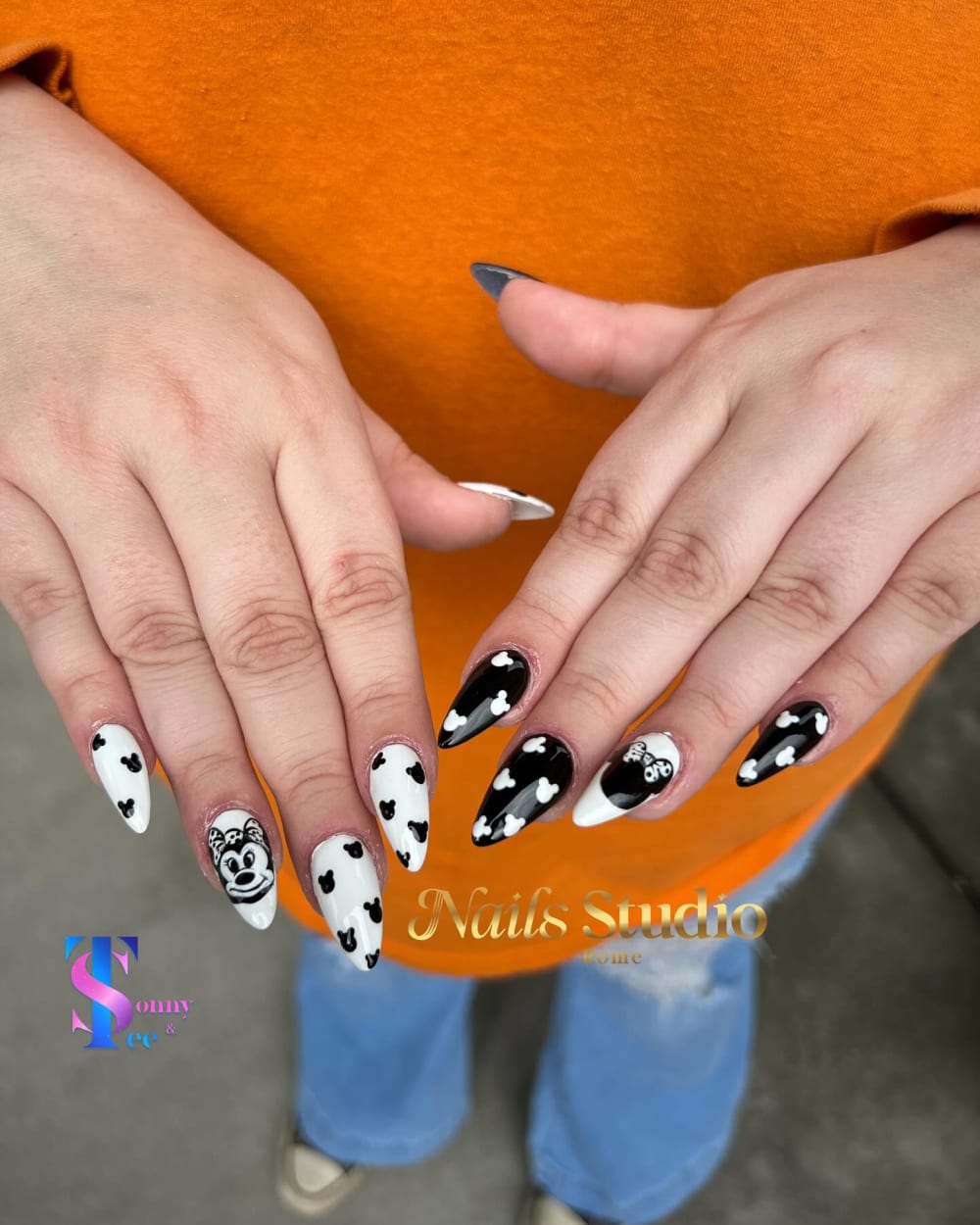 black and white nail art nails, almond shape — nail salon in Calhoun, GA — Sonny & Tee