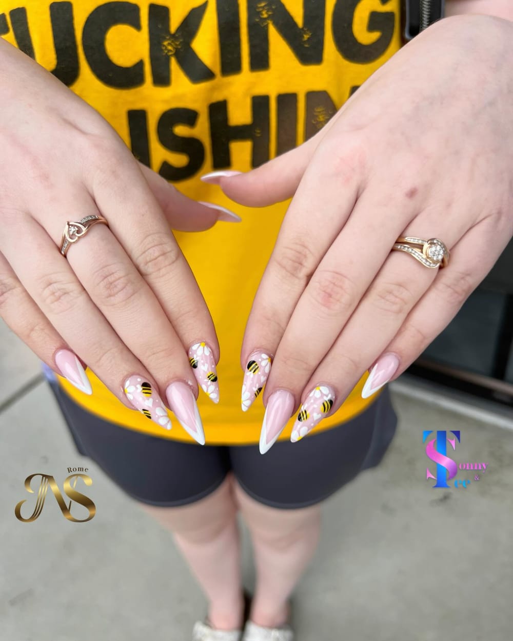 white and pink nail art and french nails, almond shape — nail salon in Calhoun, GA — Sonny & Tee