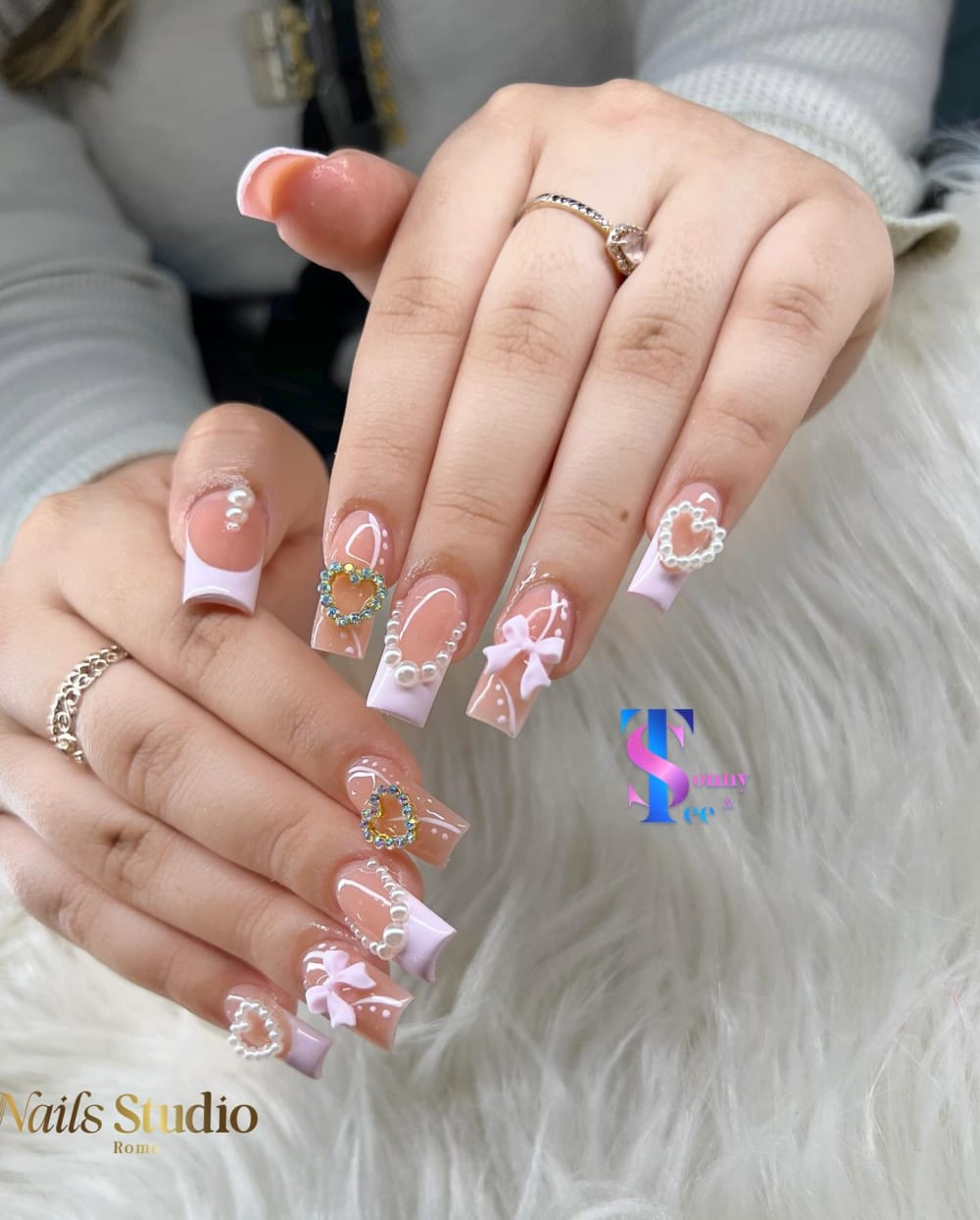 pink and white french and 3D nails, coffin shape — nail salon in Calhoun, GA — Sonny & Tee