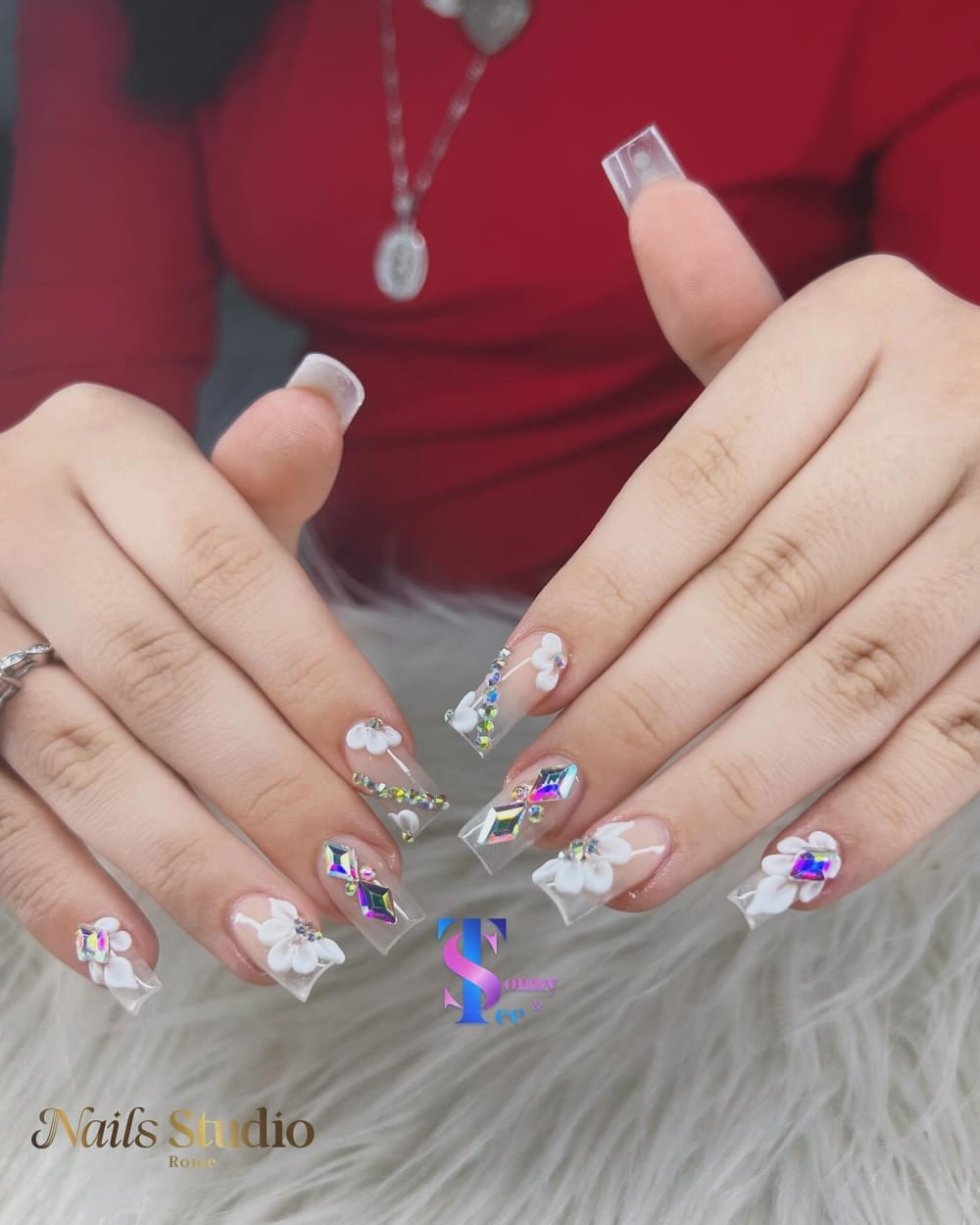 white and nude 3D and nail art nails, coffin shape — nail salon in Calhoun, GA — Sonny & Tee