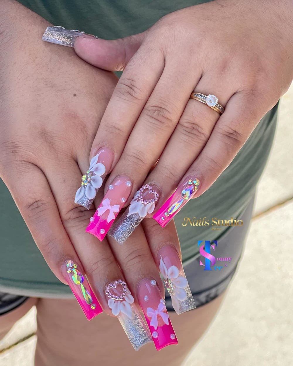 pink and white french, 3D and glitter nails, coffin shape — nail salon in Calhoun, GA — Sonny & Tee
