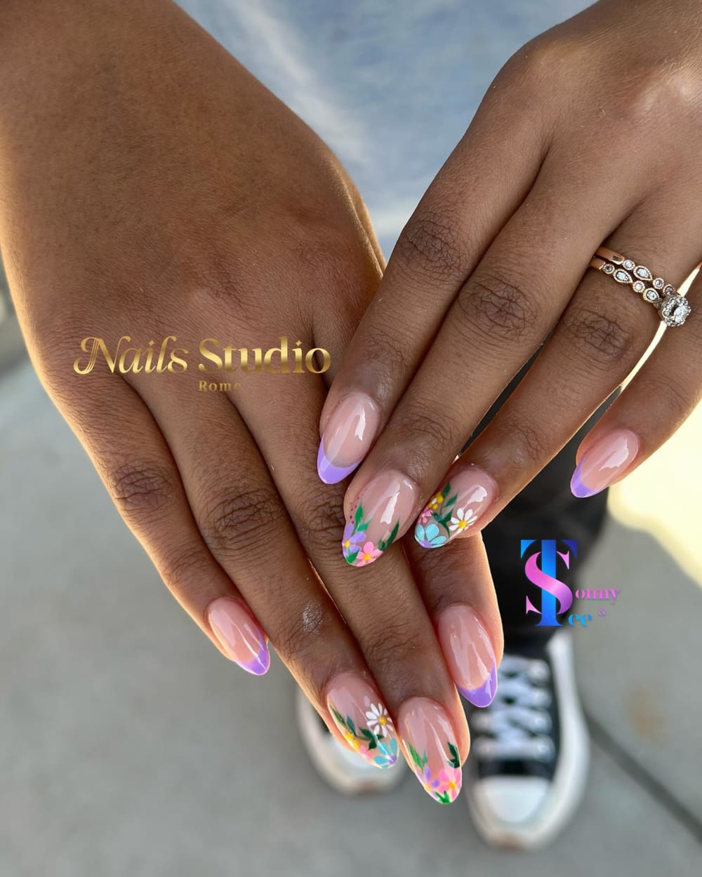 nude and white french and nail art nails, almond shape — nail salon in Calhoun, GA — Sonny & Tee