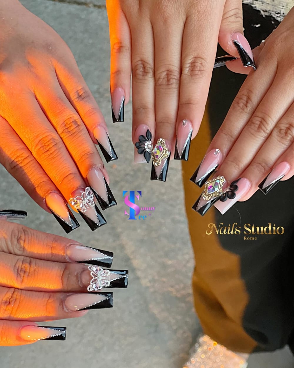 black and nude french, 3D and nail art nails, coffin shape — nail salon in Calhoun, GA — Sonny & Tee