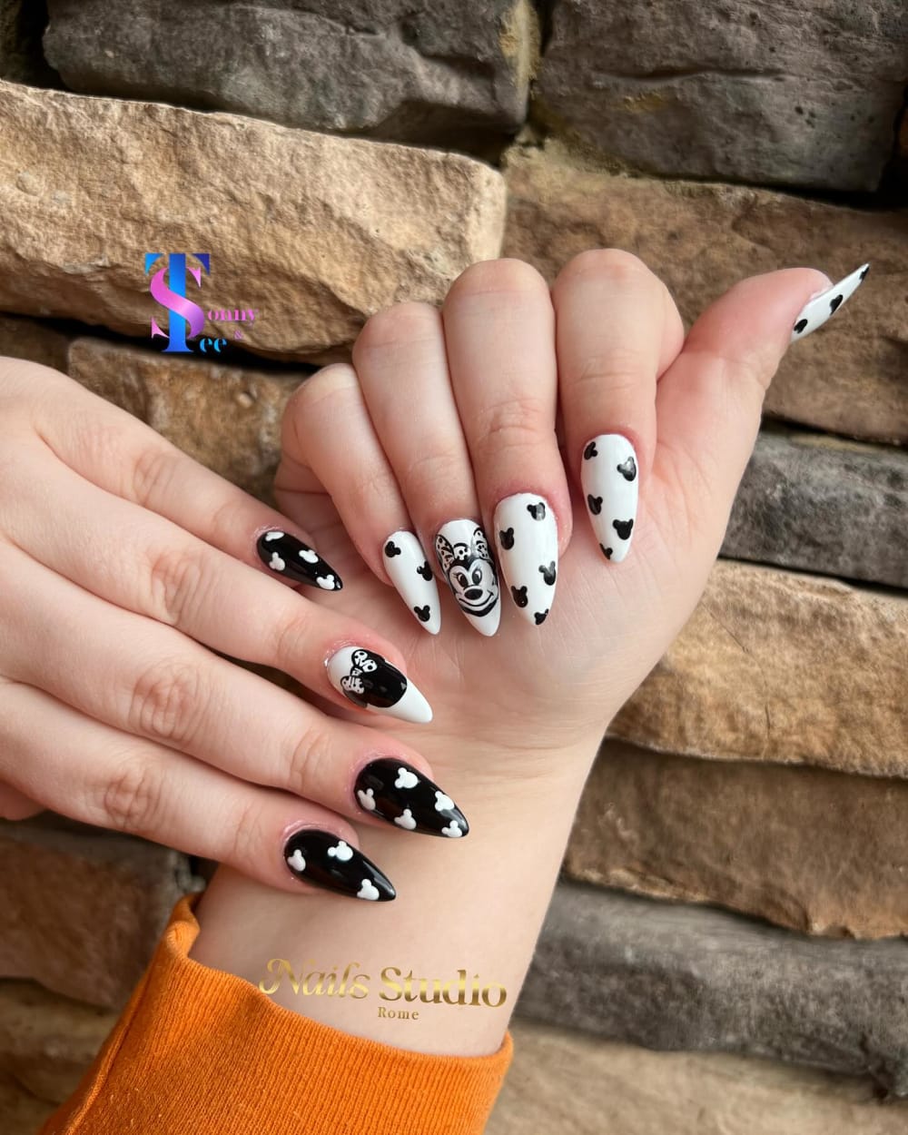 black and white nail art nails, almond shape — nail salon in Calhoun, GA — Sonny & Tee