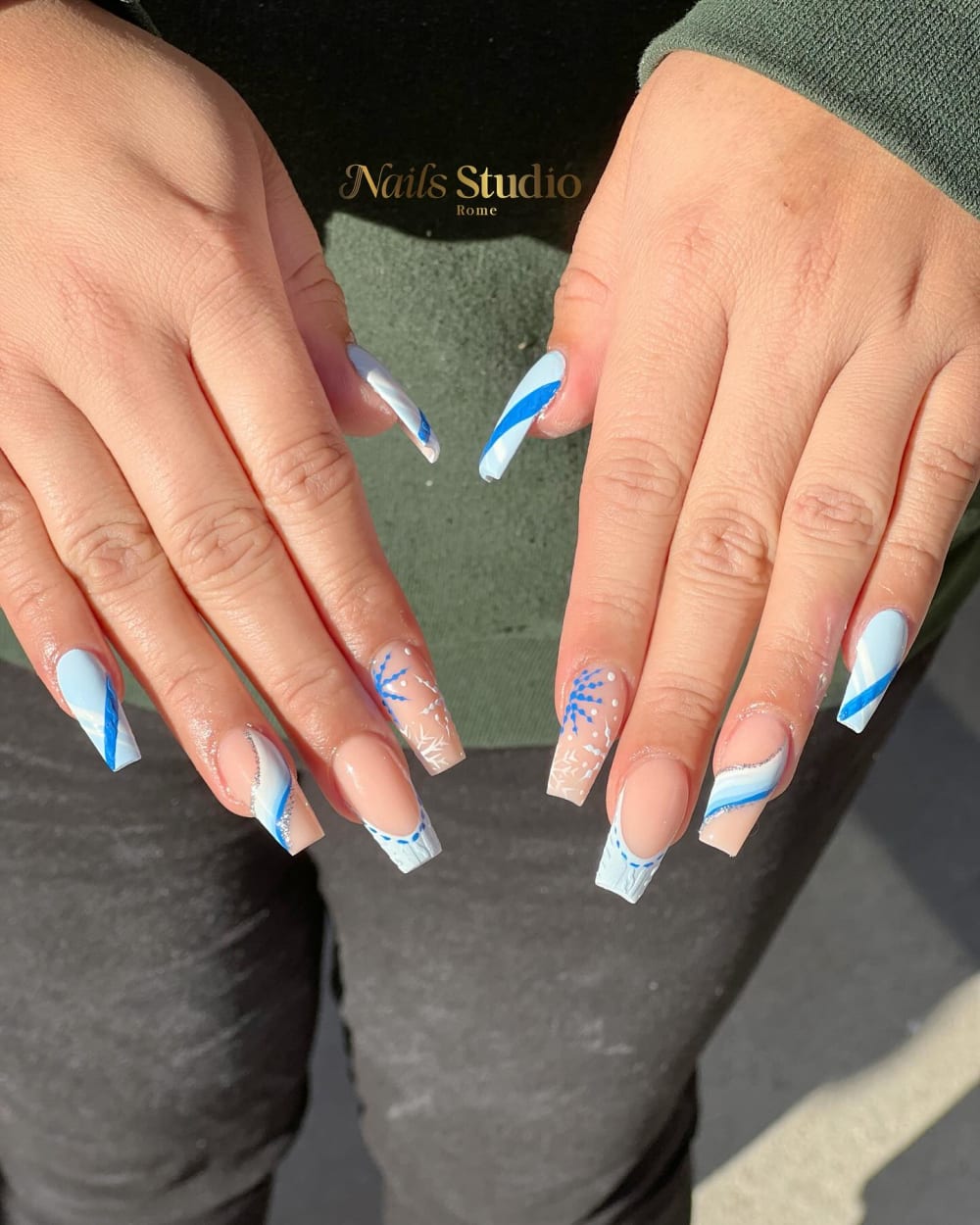 blue and white nail art nails, coffin shape — nail salon in Calhoun, GA — Sonny & Tee
