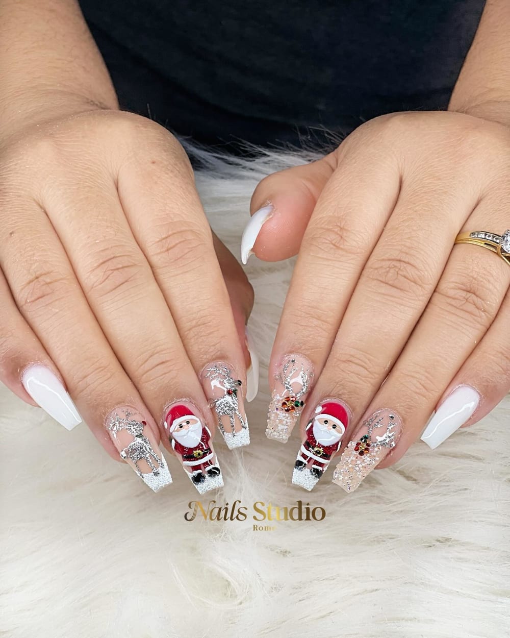 white and red french, nail art and glitter nails, coffin shape — nail salon in Calhoun, GA — Sonny & Tee