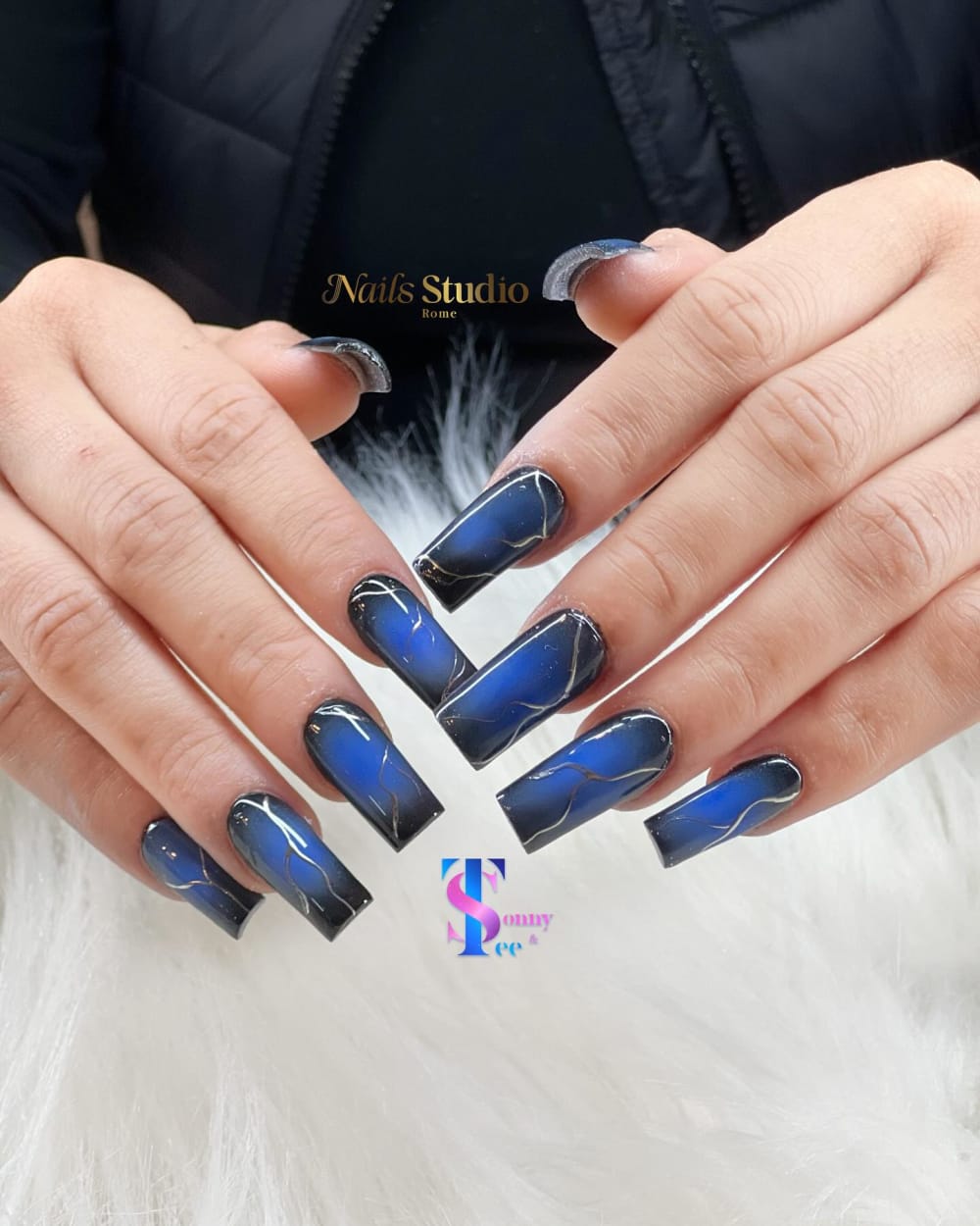 blue and black ombré and nail art nails, coffin shape — nail salon in Calhoun, GA — Sonny & Tee