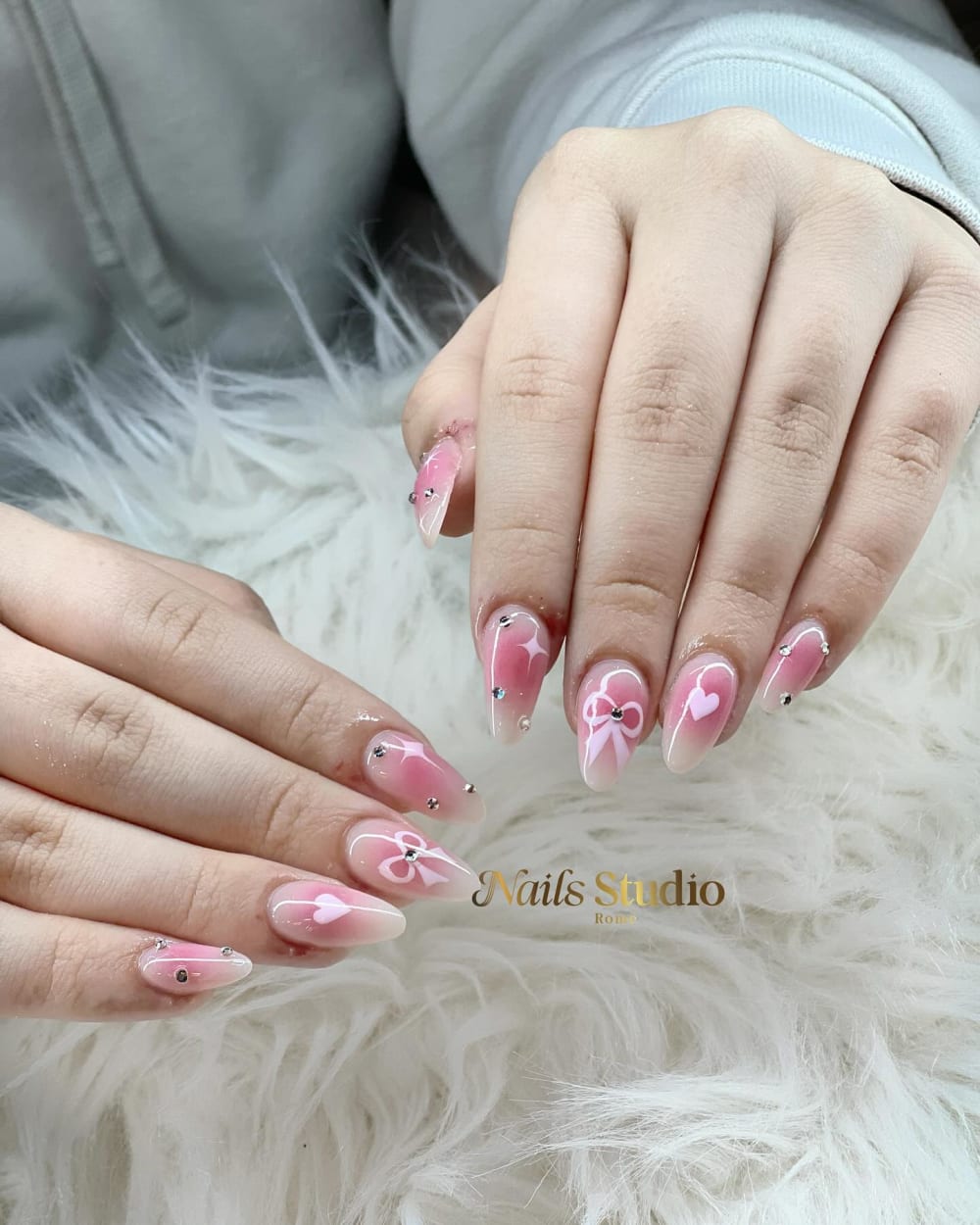 pink and white nail art and 3D nails, almond shape — nail salon in Calhoun, GA — Sonny & Tee
