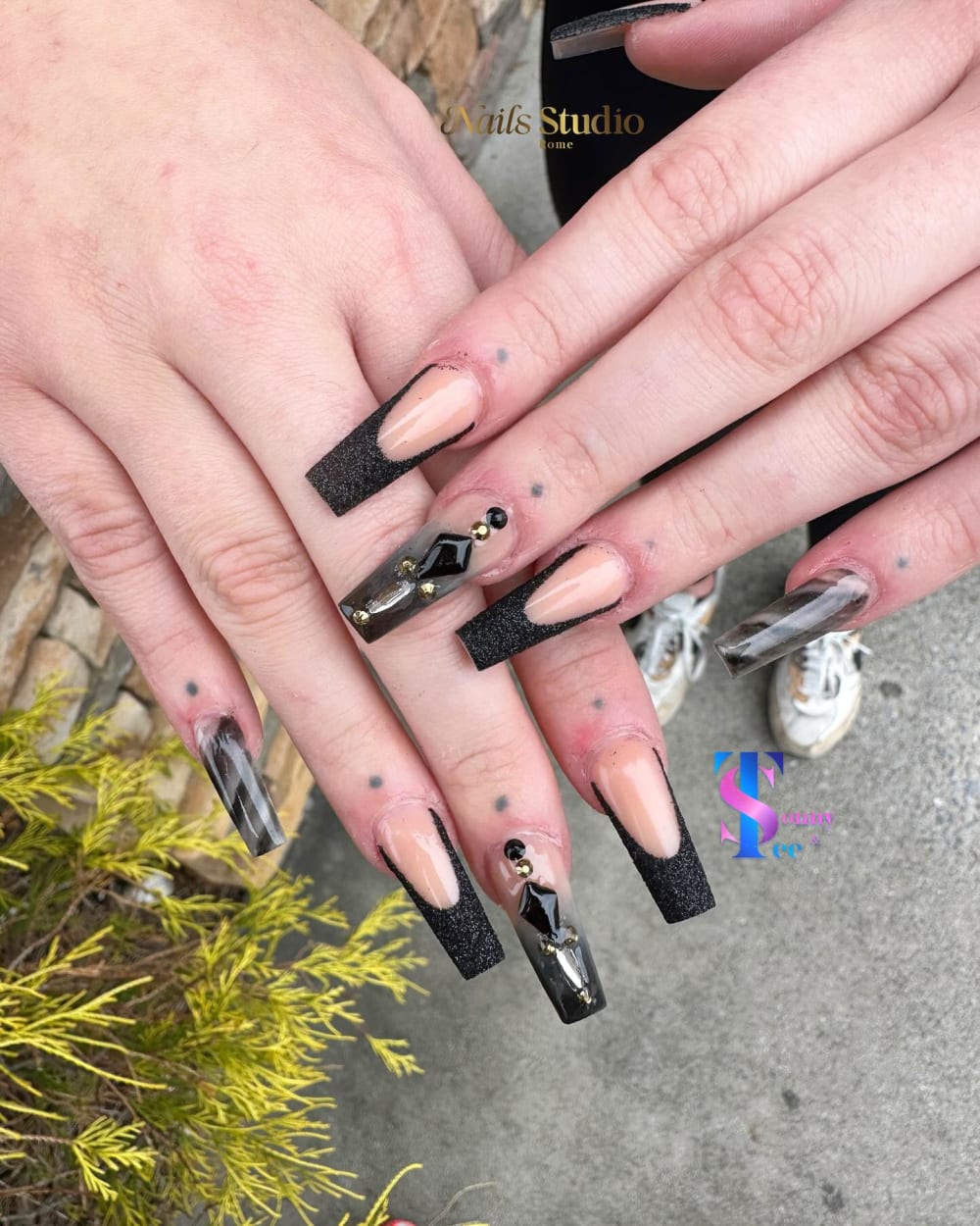 black and nude french, glitter and 3D nails, coffin shape — nail salon in Calhoun, GA — Sonny & Tee