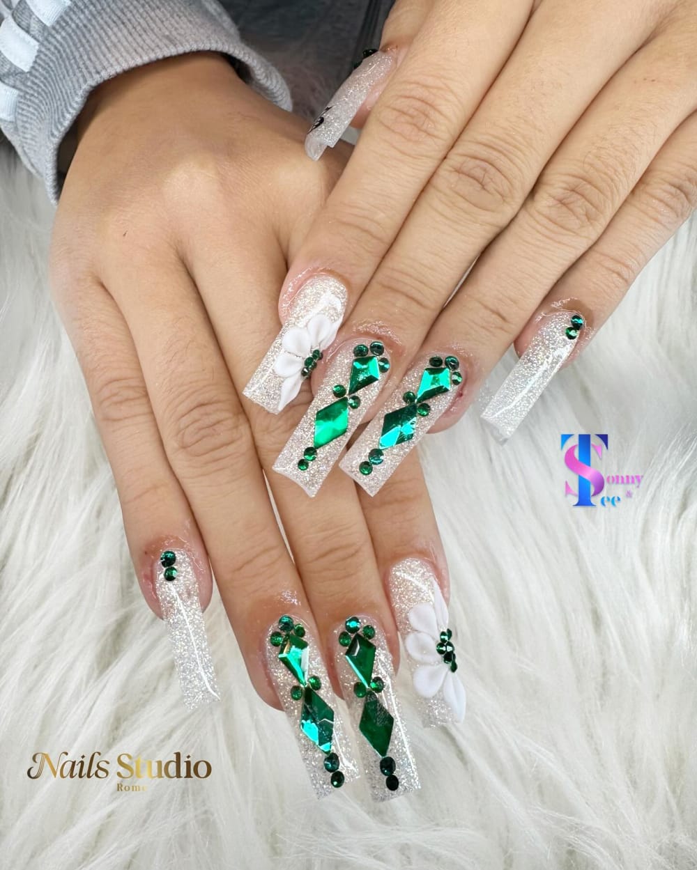 white and green 3D, glitter and nail art nails, coffin shape — nail salon in Calhoun, GA — Sonny & Tee