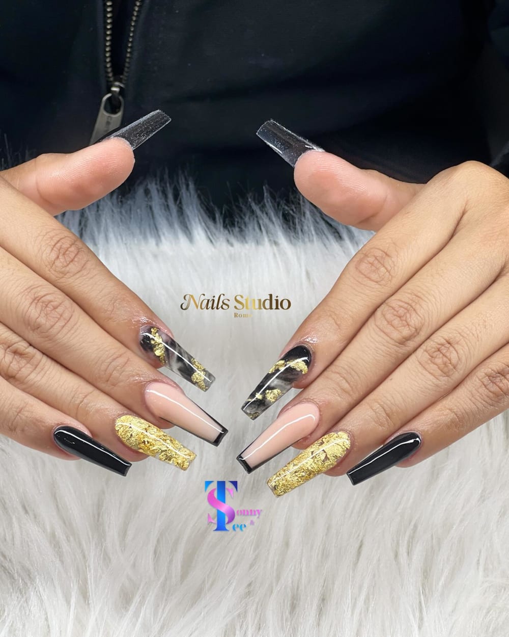 black and gold glitter and nail art nails, coffin shape — nail salon in Calhoun, GA — Sonny & Tee