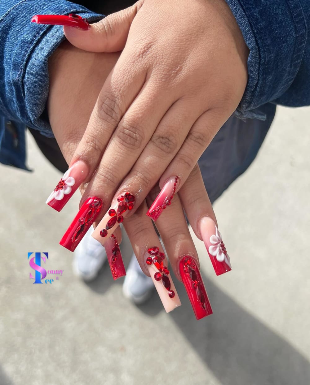 red and nude 3D, nail art and glitter nails, coffin shape — nail salon in Calhoun, GA — Sonny & Tee