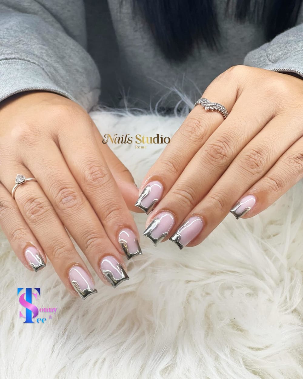 chrome and nude french and chrome nails, square shape — nail salon in Calhoun, GA — Sonny & Tee