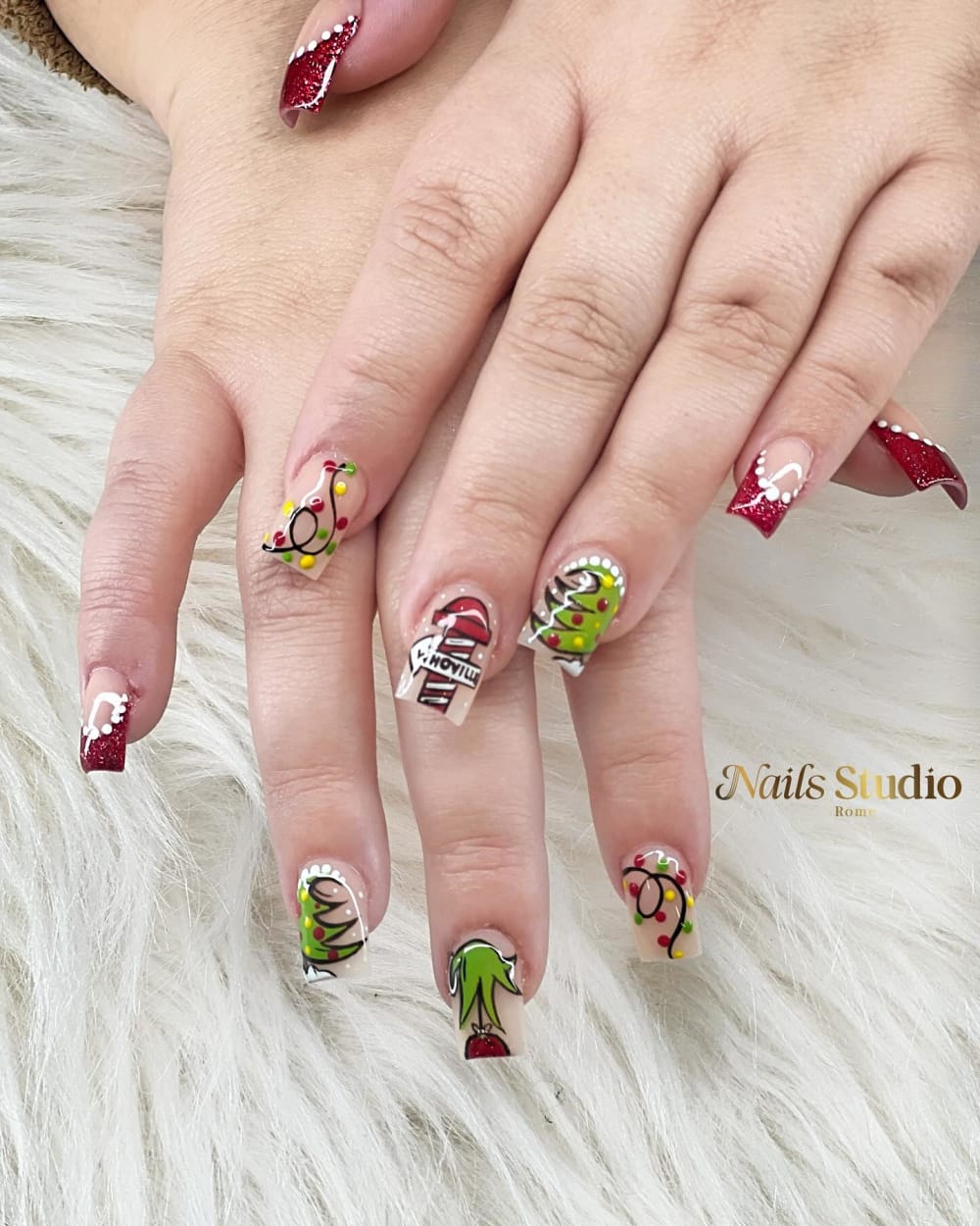 red and green nail art, glitter and french nails, square shape — nail salon in Calhoun, GA — Sonny & Tee