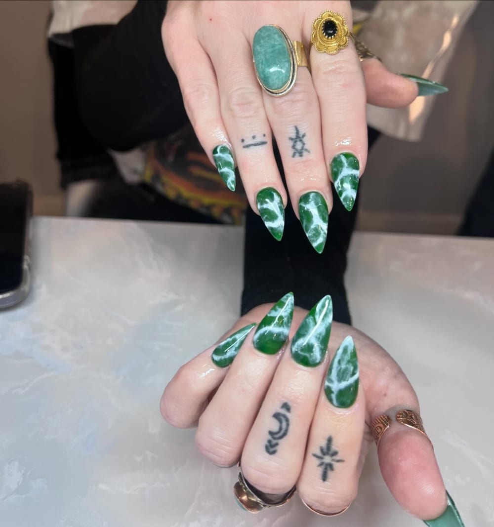 green and white nail art nails, stiletto shape — nail salon in Calhoun, GA — Sonny & Tee