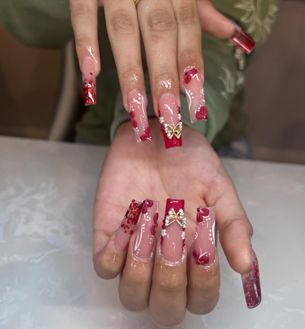 red and nude 3D and nail art nails, coffin shape — nail salon in Calhoun, GA — Sonny & Tee