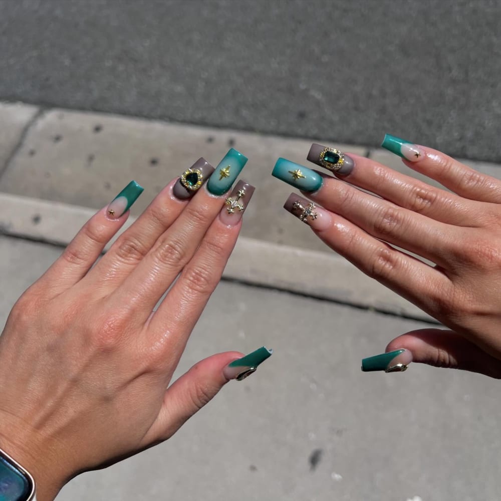 green and gold 3D, nail art and french nails, coffin shape — nail salon in Calhoun, GA — Sonny & Tee