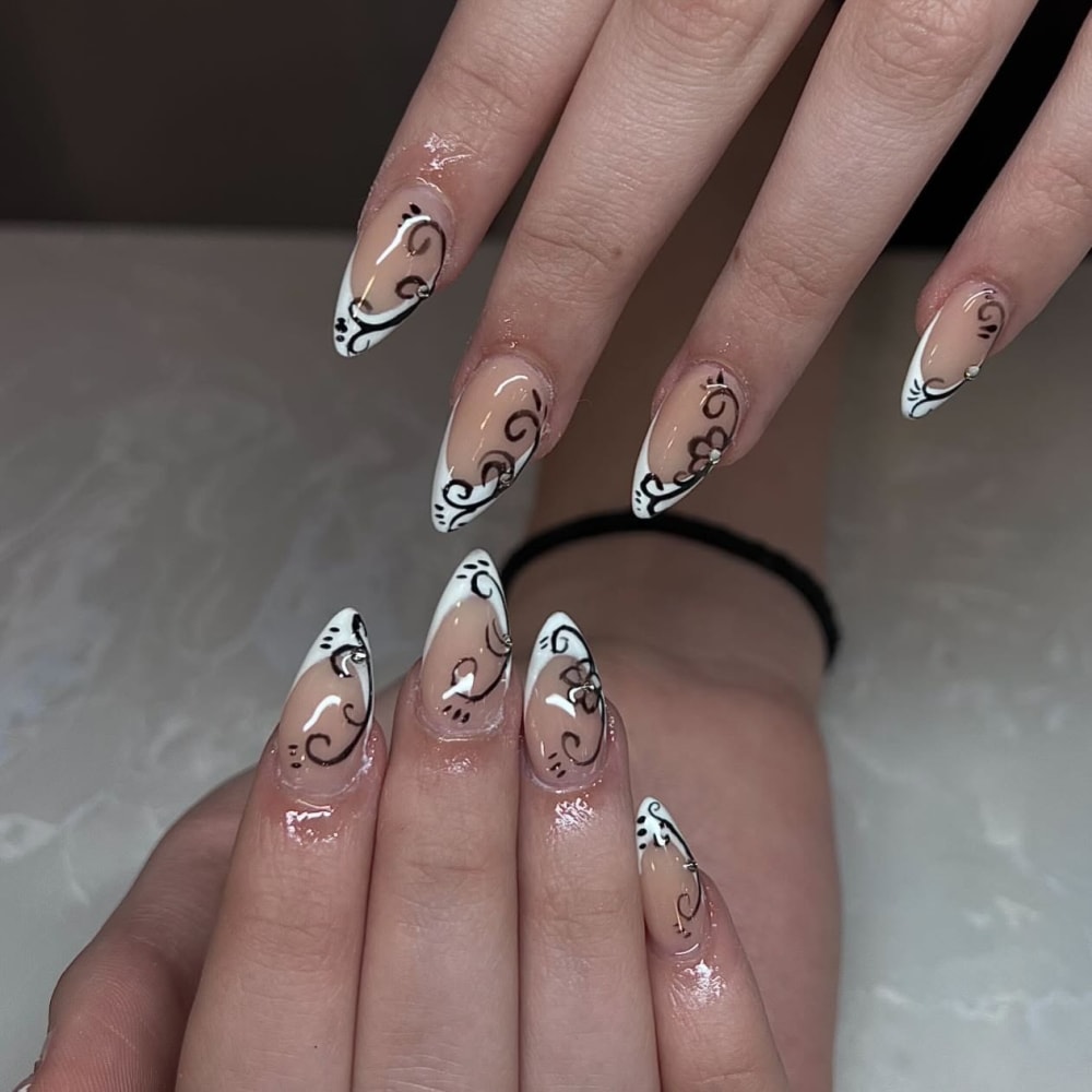 nude and white french and nail art nails, almond shape — nail salon in Calhoun, GA — Sonny & Tee